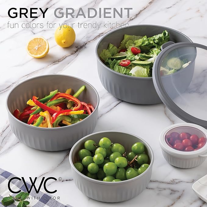 COOK WITH COLOR Prep Bowls with Lids- Wide and Deep Nesting Plastic Small Mixing Bowl Set with Lids, 12 Piece Set - Wide Bowls, Gray