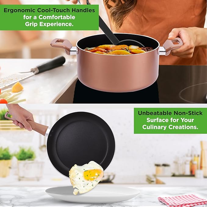 NutriChef 13-Piece Nonstick Kitchen Cookware Set-PTFE/PFOA/PFOS-Free Heat Resistant Kitchen Ware Pots Pan Set w/ Saucepan,Frying Pans,Cooking Pots,Casserole,Lids, Ladle,Fork, Strainer,Brown -NCCWA13BR