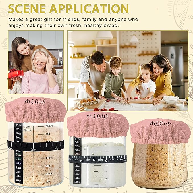 Cute Meow Cat Sourdough Starter Jar Covers Reusable,Breathable Fabric Lids for Mason Jars,Wide Mouth and Regular Mouth(5 Pack)