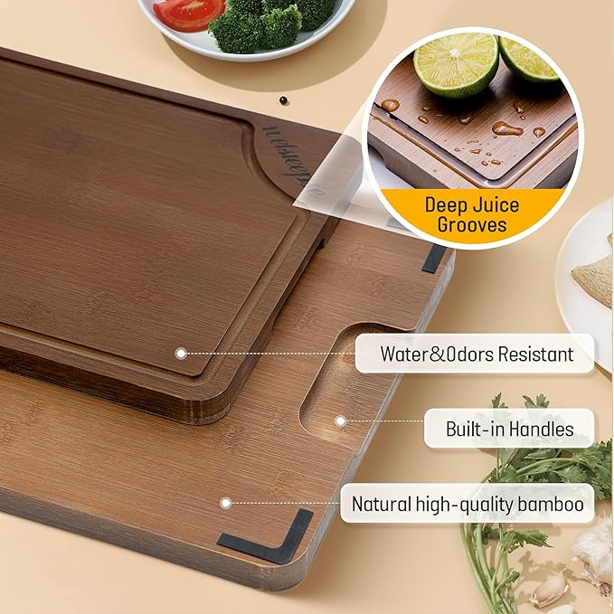Extra Large Bamboo Cutting Board for Kitchen (Set of 3), with Deep Juice Grooves & Built-in Handles, Kitchen Gifts for Meat & Vegetables and Fruits, Durable Wood Cutting Boards with Holder