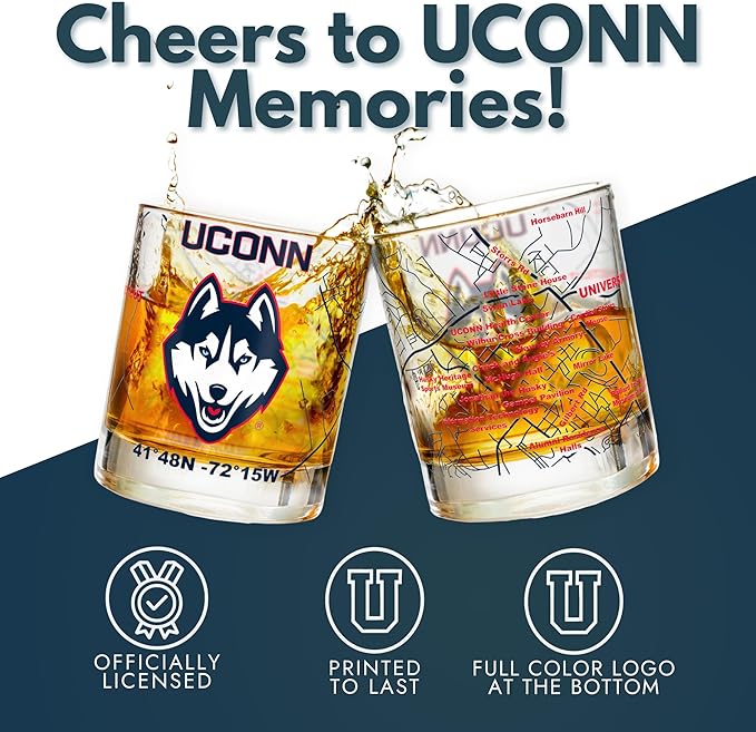 Greenline Goods – University of Connecticut Huskies College Whiskey Glasses (Set of 2), 10 oz – Full-Color Logo + Campus Map