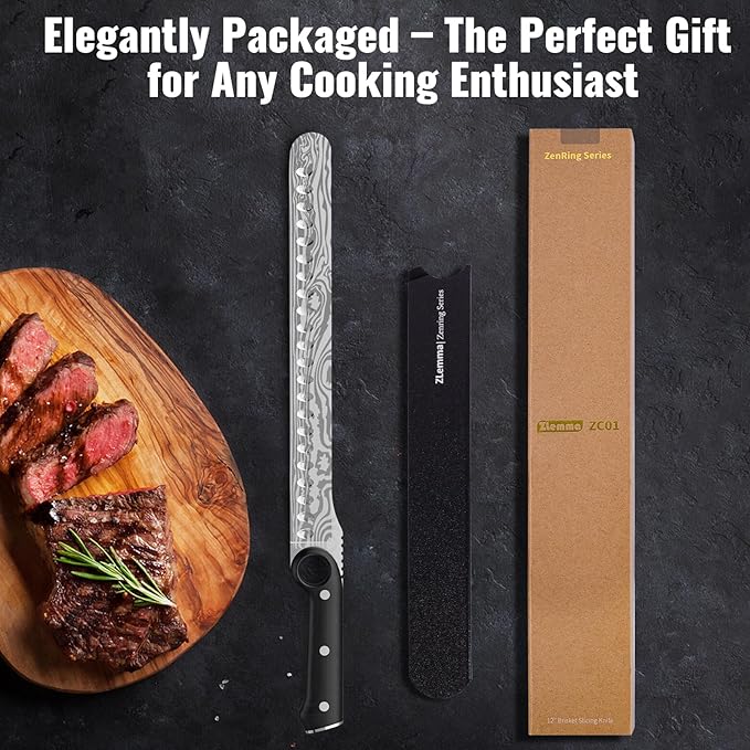 12-Inch Slicing Carving Knife with Unique Grip Ring & Non-slip Serrated Spine | Ultra-Sharp High-Carbon Stainless Steel Blade & Damascus Pattern for Brisket Meat Cutting | Pakka Wood Handle