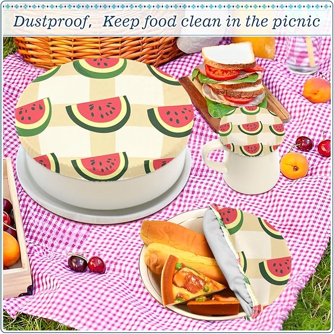 5 Pcs Bowl Covers Reusable in 5 Size Elastic Food Cover Cloth Lids Fresh Keeping Dish Cookware Bakeware Fabric Covers Lids for Food Leftovers Fruits Storage Cute Watermelon Slices Checkered
