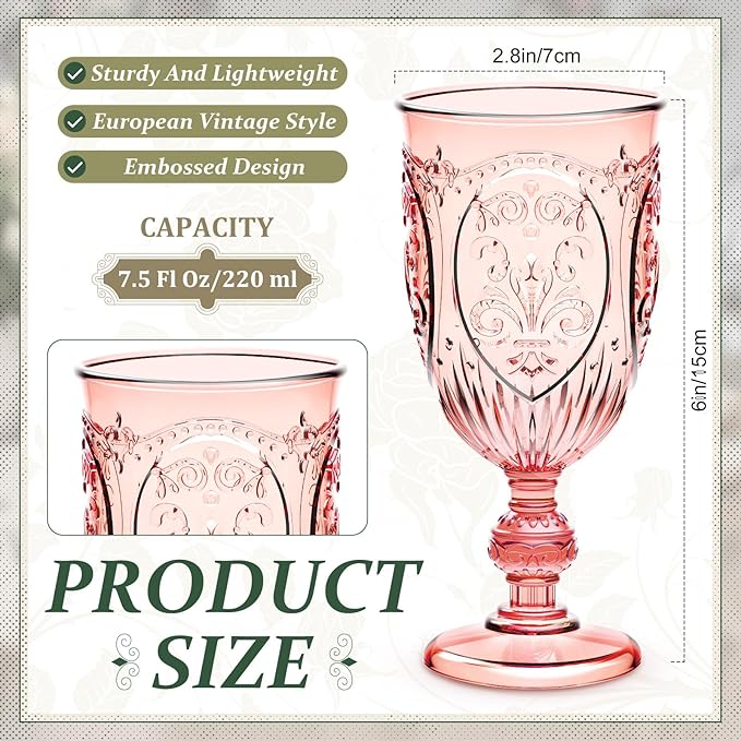 6 Pcs Plastic Goblets 7.5oz Vintage Goblet Plastic Wine Glasses Colored Retro Embossed Water Goblets for Wine Bar Juice Baby Shower Wedding Reception Grand Event Party (Multicolor)