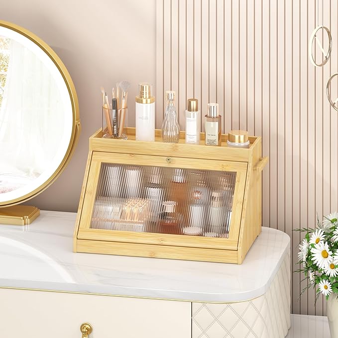 Bamboo Bread Box with Shelf for Kitchen Counter-Large Capacity Bread Storage Container with Wavy Arcylic Transparent Door Bamboo Wooden Farmhouse Bread Box for Your House (Nature)