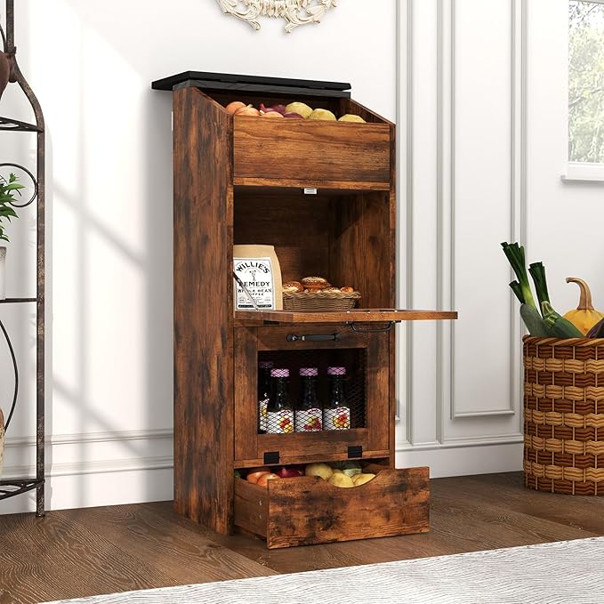 Verano Garden Potato Storage Bin, Wood Bread Box with Lid, Farmhouse Potato and Onion Storage Bin with Mesh Doors, Fruit and Vegetable Storage Rack with Removable Drawer (Rustic Brown, 16.0")