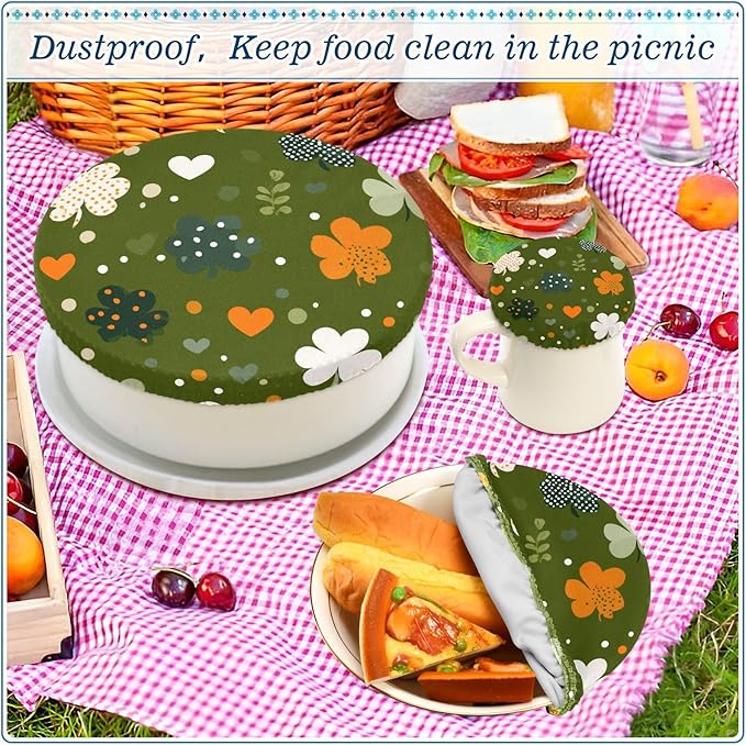 5 Pcs Bowl Covers Reusable in 5 Size Elastic Food Cover Cloth Lids Fresh Keeping Dish Cookware Bakeware Fabric Covers Lids for Food Leftovers Fruits Storage Dark Green Shamrocks Hearts Dots