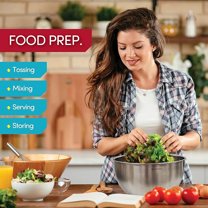 Belwares Mixing Bowls with Lids Set - Nesting Bowls with Airtight Lids + Graters - Stainless Steel Non-Slip Mixing Bowl for Baking, Food Storage and Prepping (Red, 5-Piece Set)