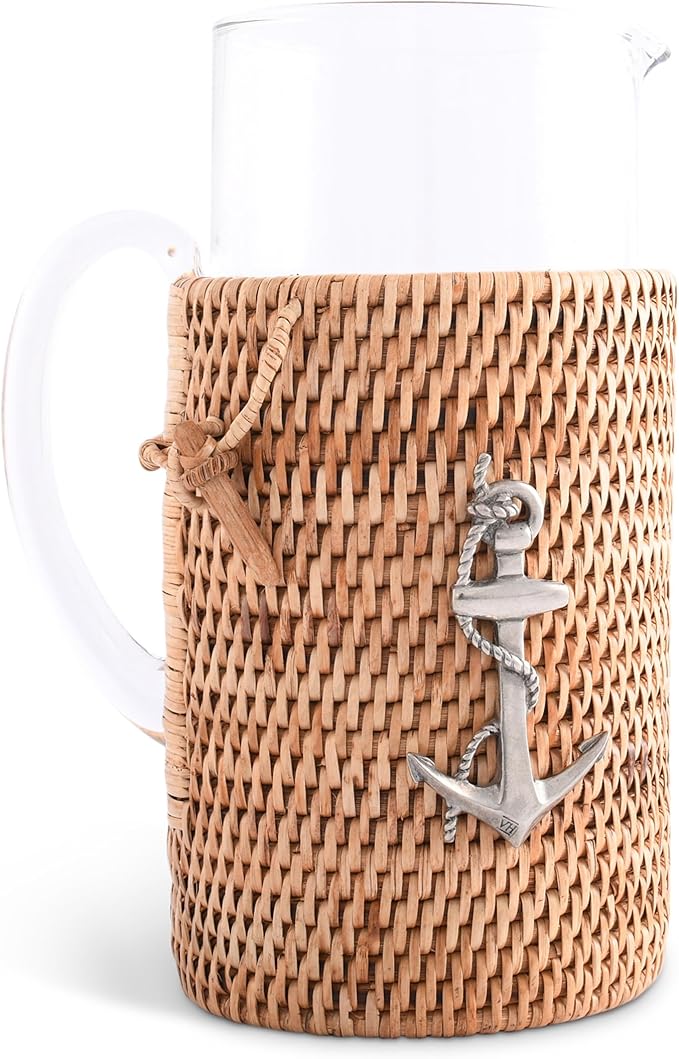 Vagabond House Glass Carafe with Rattan Cover, Ocean-Inspired Table Centerpiece, Ice Tea Pitcher with Removable Glass Pitcher, Woven Wicker Style, Dishwasher Safe, Perfect for Beach House Summer Party