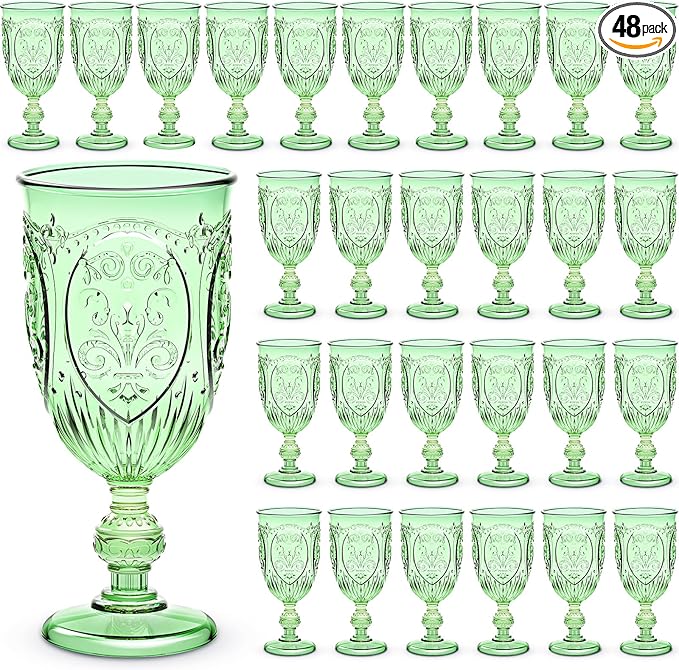 48 Pcs Plastic Goblets 7.5oz Vintage Goblet Plastic Wine Glasses Colored Retro Embossed Water Goblets for Wine Bar Juice Baby Shower Wedding Reception Grand Event Party (Light Green)