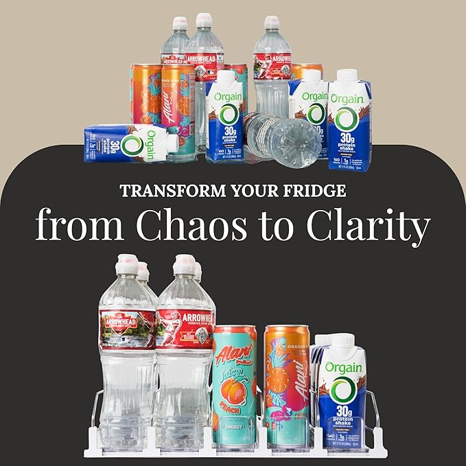 5-Piece Drink Organizer for Fridge – Spring-Loaded Rolling Can & Bottle Holder – Kitchen Storage for Soda, Water, Baby Bottles – Sliding Beverage Dispenser (Black) (White)