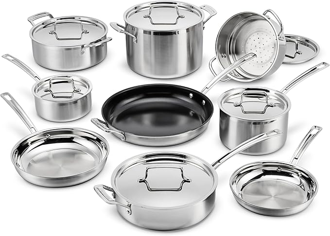 Cuisinart 15 Piece Cookware Set, MultiClad Pro Triple Ply, Silver, MCP-15N