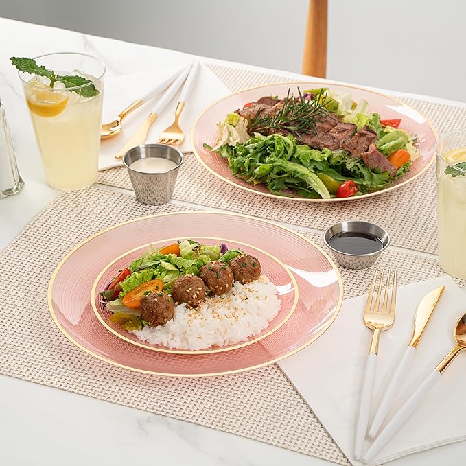 Restaurantware Plastic Plates 40 Pcs 7.13" and 10" Combo Gold Rimmed Plate Set Disposable Heavy-Duty Pink Translucent Rippled Plastic Dinner Servers for Party, Weddings, Salads, Desserts