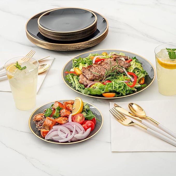Restaurantware Plastic Plates 200 Pcs 7.13" and 10" Combo Gold Rimmed Plate Set Disposable Heavy-Duty Black Translucent Rippled Plastic Dinner Servers for Party, Weddings, Salads, Desserts