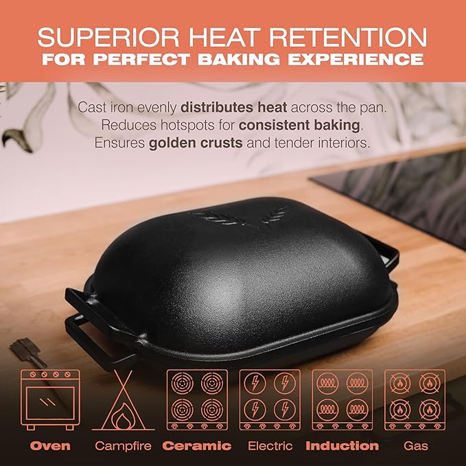 KUHA Cast Iron Bread Pan with Lid + Bread Lame - Black Heavy Duty Cast Iron Loaf Pan for Homemade Breadmaking - Pre-seasoned Bread Oven