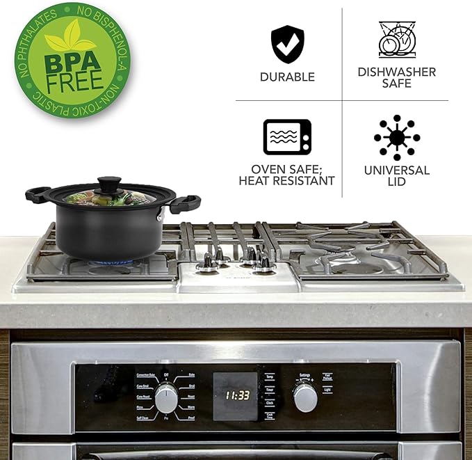 Modern Innovations Universal Lids (Set of 2) Fits 7 to 12-Inch Cookware, Silicone Replacement Pan Lid, Glass Top Covers for Skillets, Pots, Frying Pans, Cast Iron, CrockPot - Black