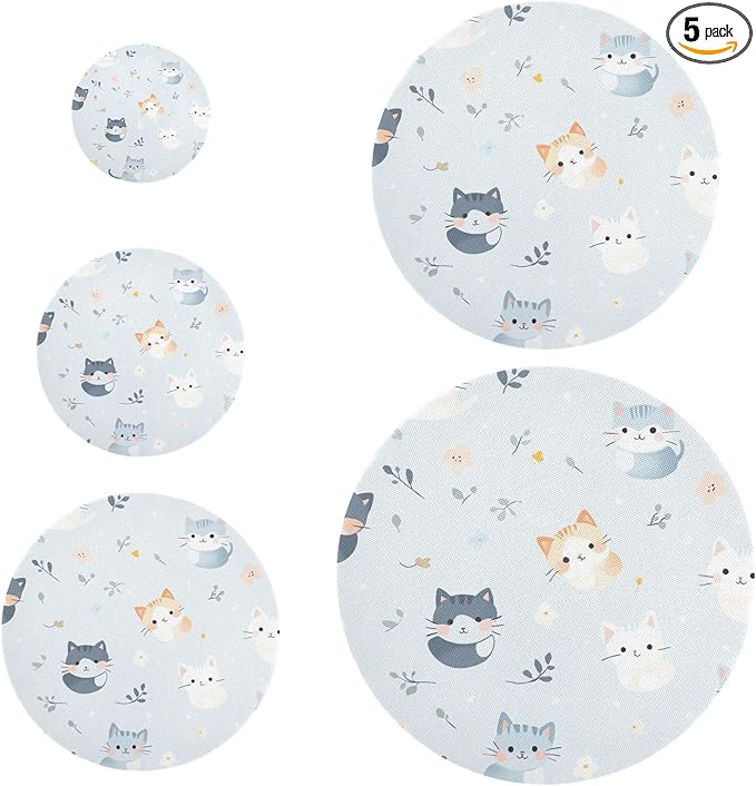 5 Pcs Bowl Covers Reusable in 5 Size Elastic Food Cover Cloth Lids Fresh Keeping Dish Cookware Bakeware Fabric Covers Lids for Food Leftovers Fruits Storage Blue Cats Flowers