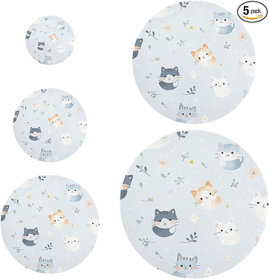 5 Pcs Bowl Covers Reusable in 5 Size Elastic Food Cover Cloth Lids Fresh Keeping Dish Cookware Bakeware Fabric Covers Lids for Food Leftovers Fruits Storage Blue Cats Flowers