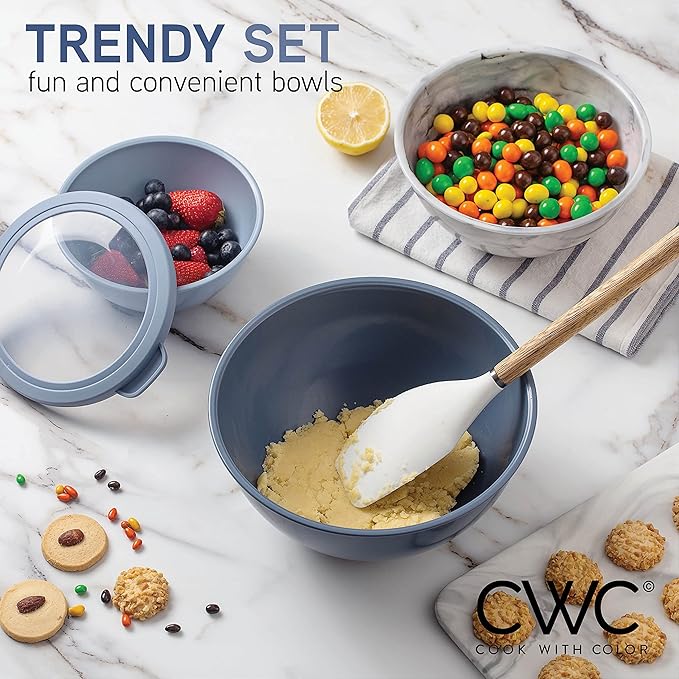 COOK WITH COLOR Mixing Bowls with TPR Lids - 12 Piece Plastic Nesting Bowls Set includes 6 Prep Bowls and 6 Lids, Microwave Safe Mixing Bowl Set (Blue and White)