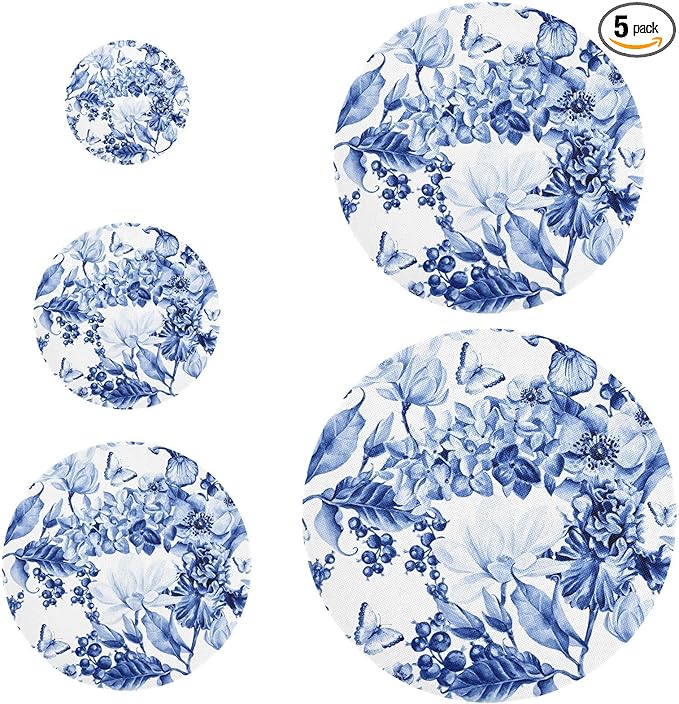 5 Pcs Bowl Covers Reusable in 5 Size Elastic Food Cover Cloth Lids Fresh Keeping Dish Cookware Bakeware Fabric Covers Lids for Food Leftovers Fruits Storage Blue and White