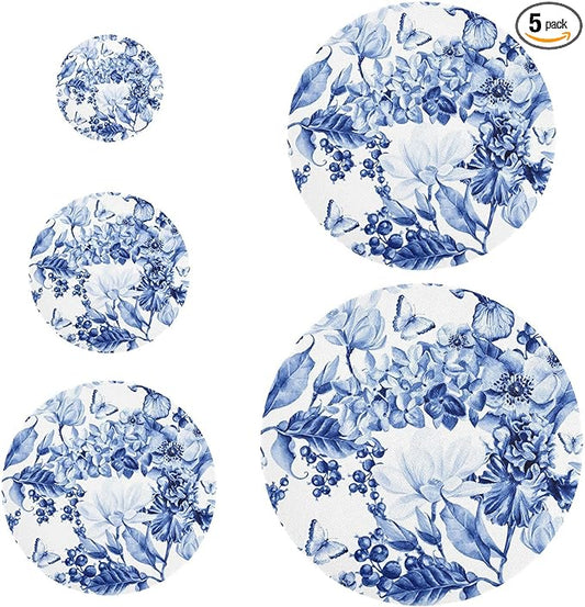 5 Pcs Bowl Covers Reusable in 5 Size Elastic Food Cover Cloth Lids Fresh Keeping Dish Cookware Bakeware Fabric Covers Lids for Food Leftovers Fruits Storage Blue and White
