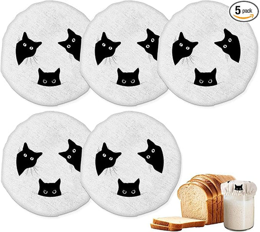 Cute Black Cat Sourdough Starter Jar Covers Reusable,Breathable Fabric Lids for Mason Jars,Wide Mouth and Regular Mouth(5 Pack)
