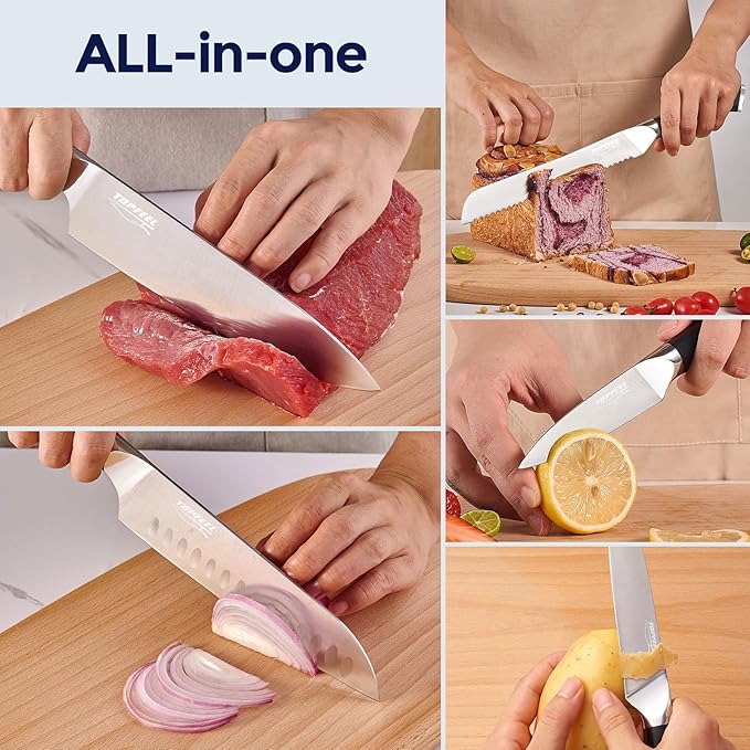 6Pcs Kitchen Knife Set with In-Drawer Bamboo Knife Organizer- 3.5-8 Inch Set Kitchen Knives German High Carbon Stainless Steel Sharp Knife, Knives Set for Kitchen with Ergonomic Handle