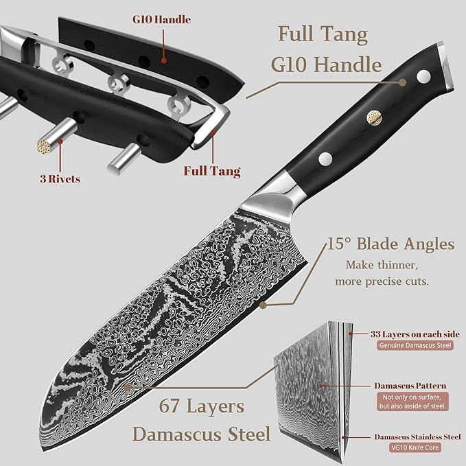 Wakoli NIT Santoku Knife – 7.1-Inch Professional Damascus Kitchen Knife | 67-Layer VG10 Core Steel Blade | Ergonomic G10 Handle | High-Performance Japanese-Style Chef’s Knife in Gift Box