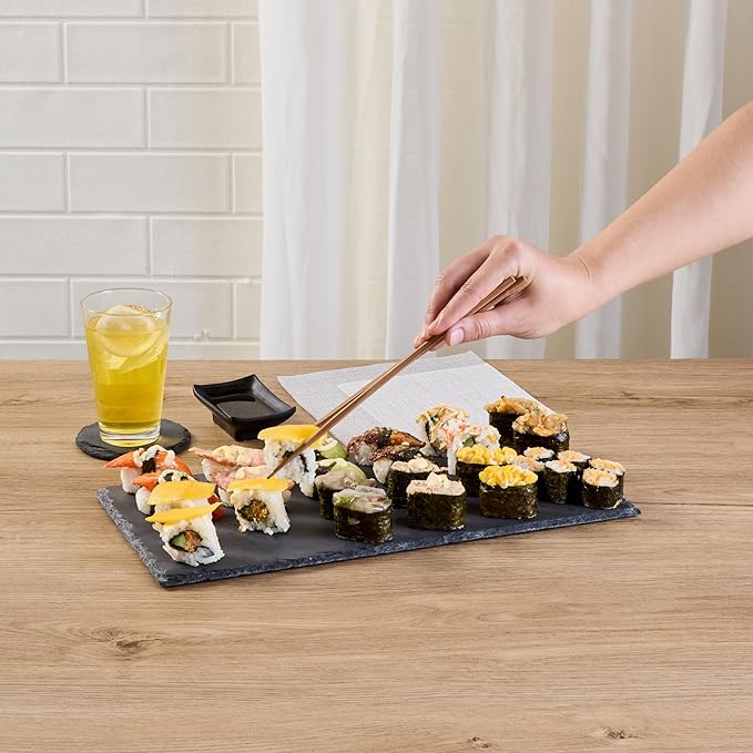Restaurantware Slate Serving Trays 4 Pack of 15.7" x 7.8" Foam Feet Charcuterie Stone Plates Rustic Edges Freezable Black Serving Display Cheese Boards for Kitchen, Gourmet, Dining, Parties