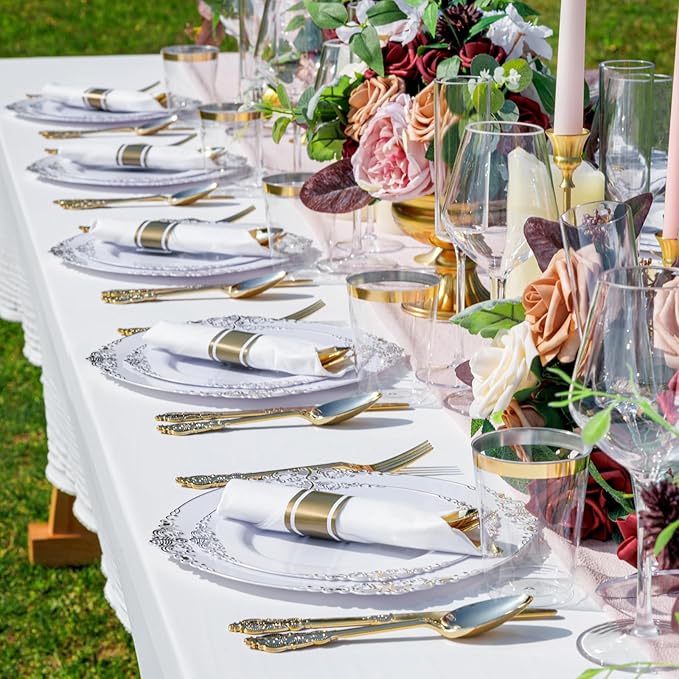 Nervure 350PCS Gold Plastic Plates - Gold Plastic Dinnerware Sets for 50 Guests - 100 Disposable Plates, 150 Silverware, 50 Cups, 50 Napkins for Wedding & Party & Thanksgiving