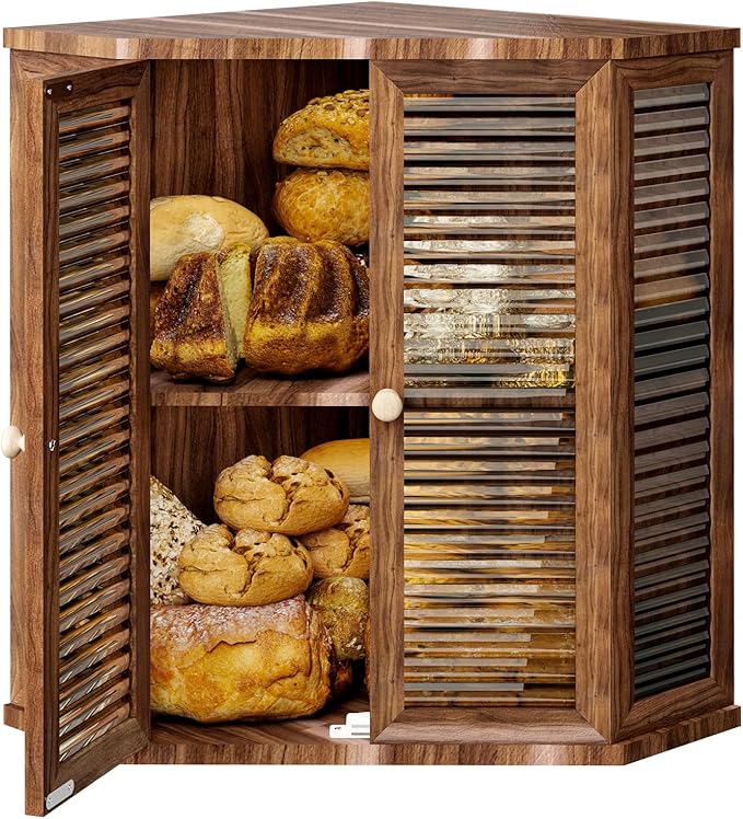 Acacia Corner Bread Box for Kitchen Countertop, Large Double Layer Wooden Bread Storage with Glass Doors