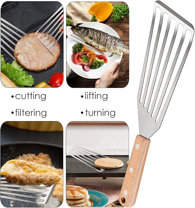 Fish Spatula Set of 2, HaSteeL Stainless Steel Slotted Spatula Turner with Riveted Wooden Handle, Professional Metal Spatulas Great for Kitchen Cooking Flipping Frying & Grilling, 2 x Hooks