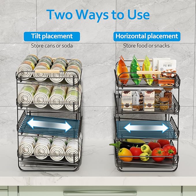 MAXIFFE 4 Tier Can Organizer, Space-Saving Easy Assembly Adjustable Sturdy Metal Hold 48 Cans Storage Holder Rack Dispenser for Pantry Kitchen Cabinet Countertop RV, for Soda Drinks Fruits, Black