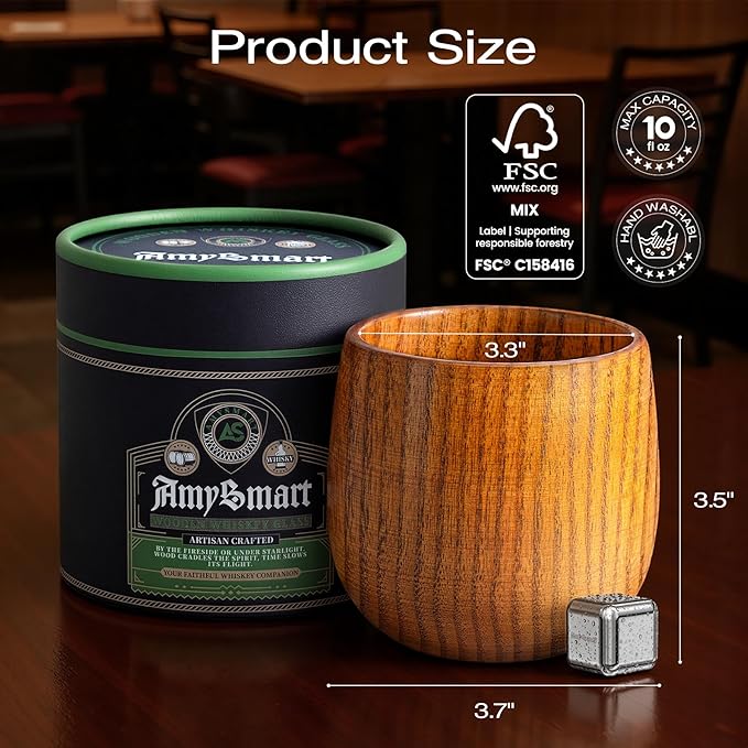Handcrafted Wooden Whiskey Glass with Gift Tube – Charred Old Fashioned Glass,Charred Bourbon Drinking Cup | Unique Whiskey Gift for Men, Dad, Husband, Friends, Birthday & Holiday (1 Pack)