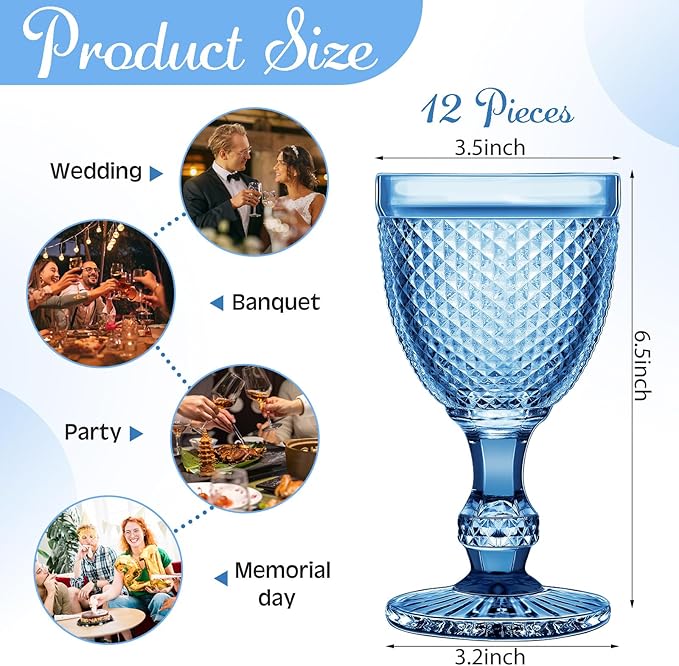 Bokon 12 Pack Blue Glass Goblets Set 10 oz High Clear Wine Glass Vintage Water Goblets Cups Embossed Diamond Design Glassware with Stem for Drinking Juice Liquor Party Wedding Bar