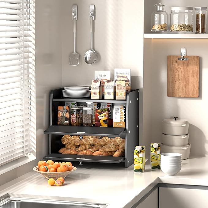 Bread Box for Kitchen Countertop, Double Layer Wooden Breadbox, Large Capacity Bread Storage Bin, Homemade Bread Storage Container, Farmhouse Breadbox Organizer, Black