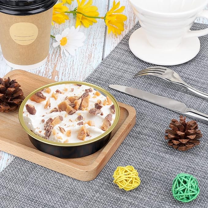 Beasea 100 Pack 4” Mini Pans with Lids, 8oz Disposable Aluminum Baking Foil Tins Round Small Dark Red Spot Container for Individual Cupcake Dessert Muffin Ramekin Cheesecake Quiche Oven Dishes