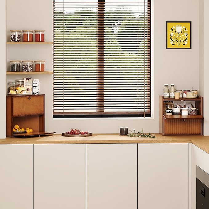 Rustic Bread Box for Kitchen Countertop Bamboo Bread Storage Container Bin Double Layer BreadBox Farmhouse Large Capacity Food Organizer (Brown)