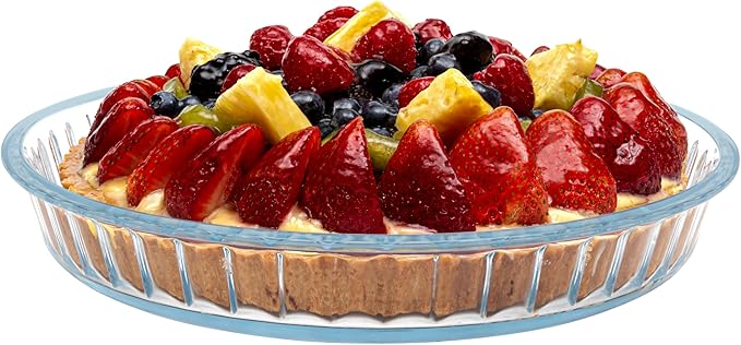 Simax Glass Pie Pan, 11 Inch Round Pie Plate, Glass Baking Dish, Fluted Pie Holder, Oven Safe Tray, Borosilicate Glass