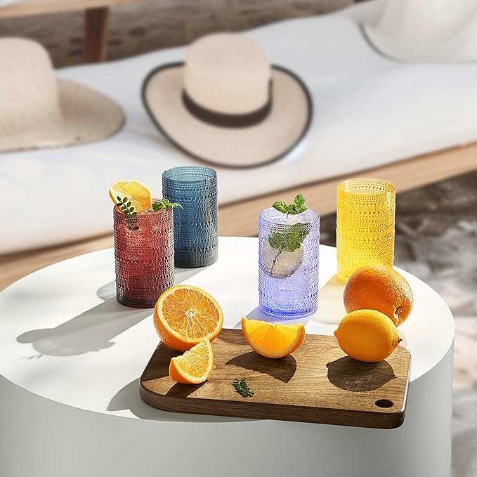 Khen Plastic Hobnail Drinking Highball Glasses Set of 6 Neutral Tones Cups 14oz, Shatterproof & Unbreakable Acrylic Beaded Design, BPA-Free, Dishwasher Safe Indoor/Outdoor Drinkware Water, Cocktails