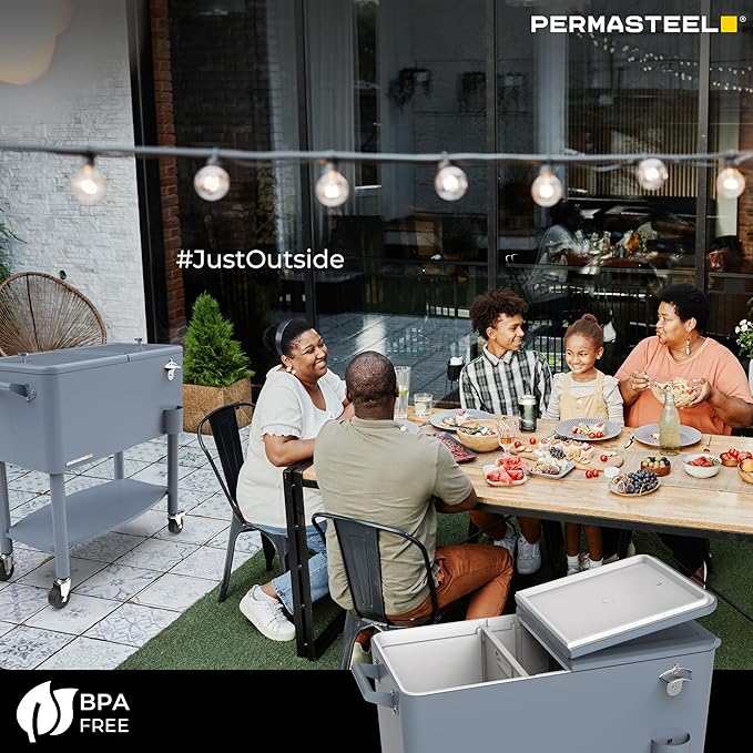 Permasteel 80 Quart Party Cooler, Rolling Ice Chest with Wheels and Handles for Indoor Outdoor Patio