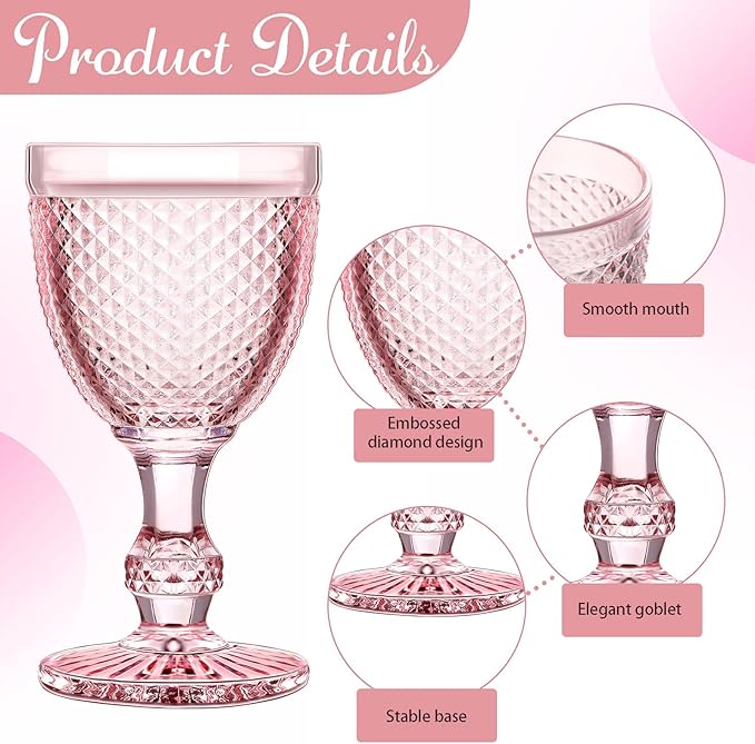 Bokon 12 Pack Pink Glass Goblets Set 10 oz High Clear Wine Glass Vintage Water Goblets Cups Embossed Diamond Design Glassware with Stem for Drinking Juice Liquor Party Wedding Bar