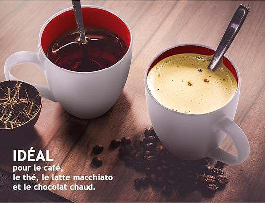 MIAMIO - Set of 6 Stoneware Coffee Mugs 12 Ounce/Cup Set - Le Papillon Collection (White-Red)