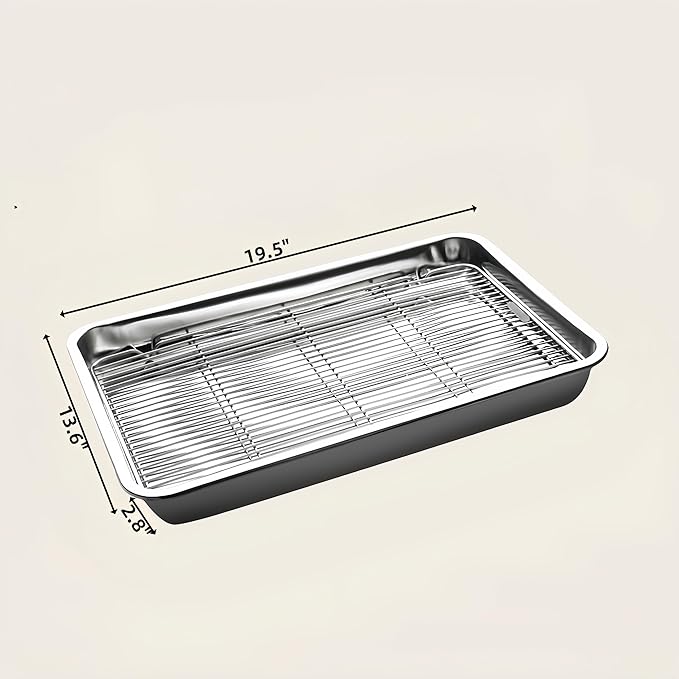 Roasting Pan Heavy Duty Stainless steel Turkey Pans for Oven,Toaster Oven Tray Pans with cooling rack,Hotel Pan, Barbeque Grill Pan,Deep Edge,Mirror treatment, Dishwasher Safe (19.5"x13.6"x2.8")