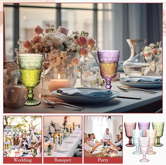 Eaasty Wine Glasses Set of 6 Vintage Goblet 9 oz Vintage Colored Glass Goblet Beverage Stemmed Glass Cups Romantic Embossed Glassware for Wedding Party Holidays Anniversary (Multi Colors)