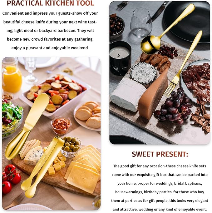 14 Pieces Charcuterie Board Accessories Cheese Spreader Knives Set Stainless Steel Charcuterie Utensils Spreader Knives Mini Serving Tongs Spoons and Forks for Cheese and Pastry Making (Gold)