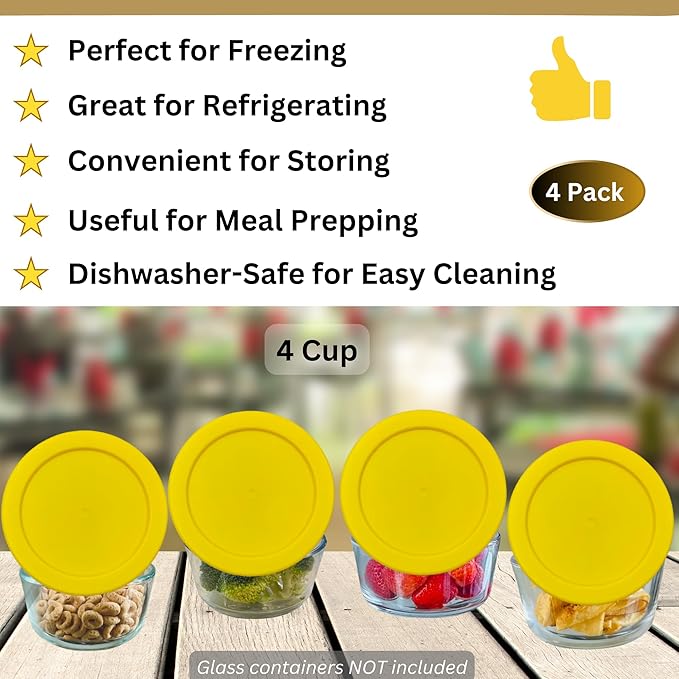 4 Cup/950 mL Yellow Replacement Lids/Covers for Pyrex 7201-PC, 4 Cup/32oz Anchor Hocking & Klare Ware Storage Bowls *Lids Only* - *Glass Container Not Included* (4 Pack, Yellow)