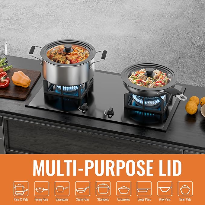 Universal Lids for Pots, Pans and Skillets, 10.5", 11" and 12" Pan Lid, Tempered Glass Pot Lid with Silicone Rim Heat Resistant, Replacement Pan Cover for Frying, Cookware & Bakeware Lids, Grey