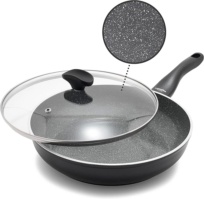 Rigoletto 3.1QT Nonstick Sauté Pan & Lid, Made in Italy, Layered Ceramic PFAS-Free Surface, Induction Ready, Dishwasher & Metal Utensil Safe, Granite Finish, Stay-Cool Handle, Black