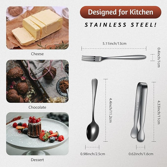 Cunhill 24 Pcs Charcuterie Accessories Mini Cocktail Tongs Small Serving Spoons and Appetizer Forks Stainless Steel Tongs Charcuterie Utensils for Valentine Party Supplies(Vivid Sharp Spoon,Black)